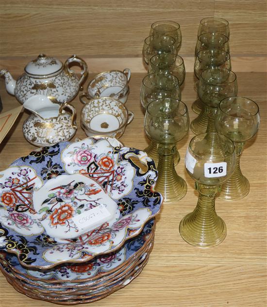 Eleven green hock glasses, a Continental part tea set a Masons-style dessert set and an Art Deco decanter and glasses set.